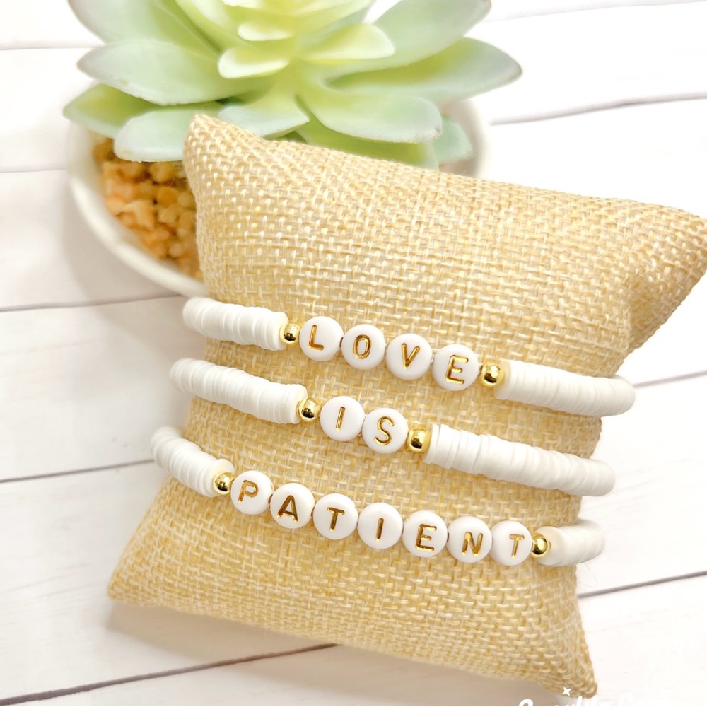 Love is Patient, Heishi Bracelet Set White and Gold